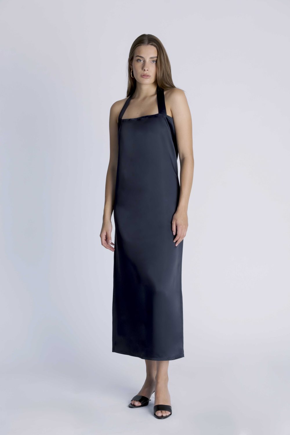 Satin midi dress with bow in black