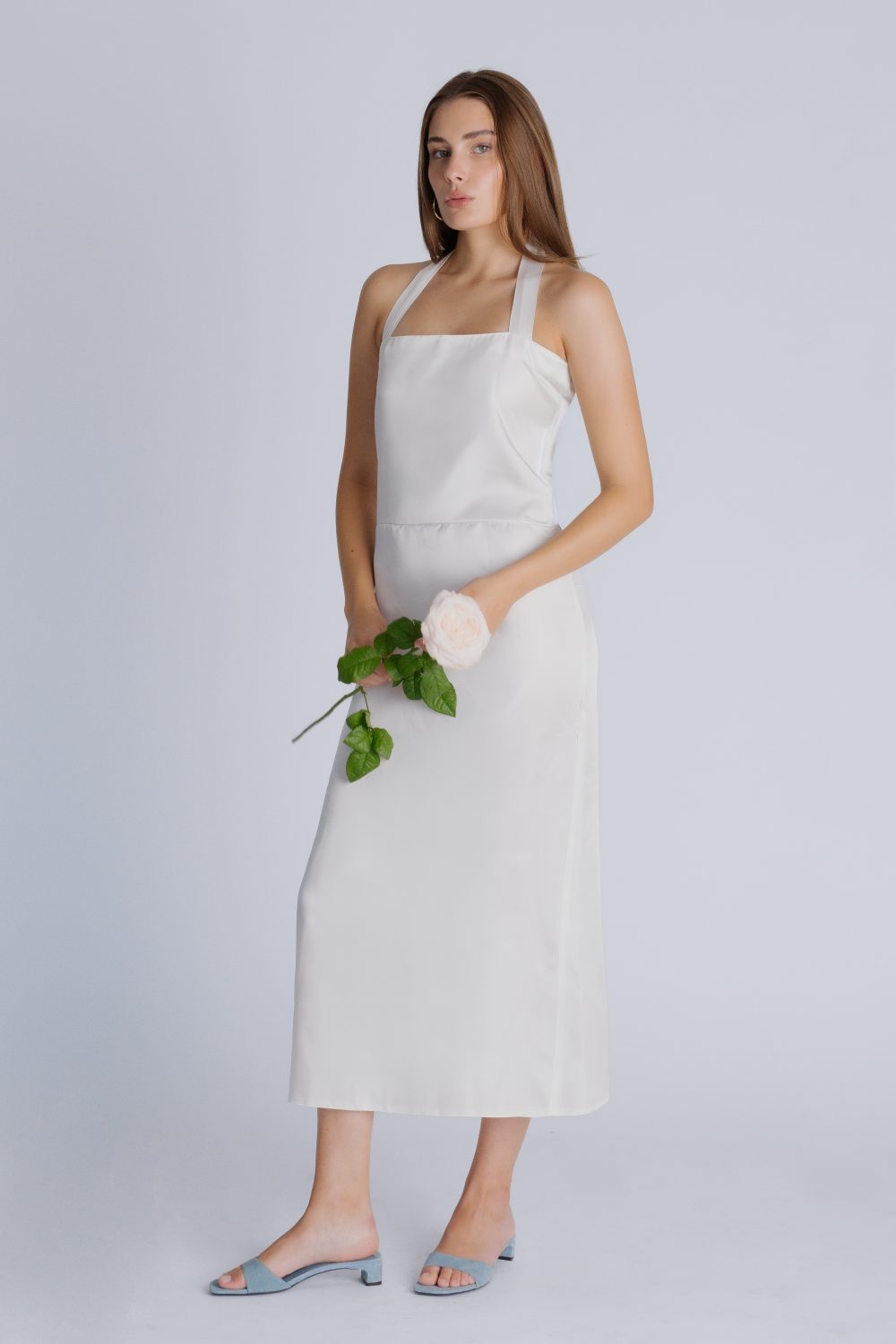 Satin midi dress with bow in white
