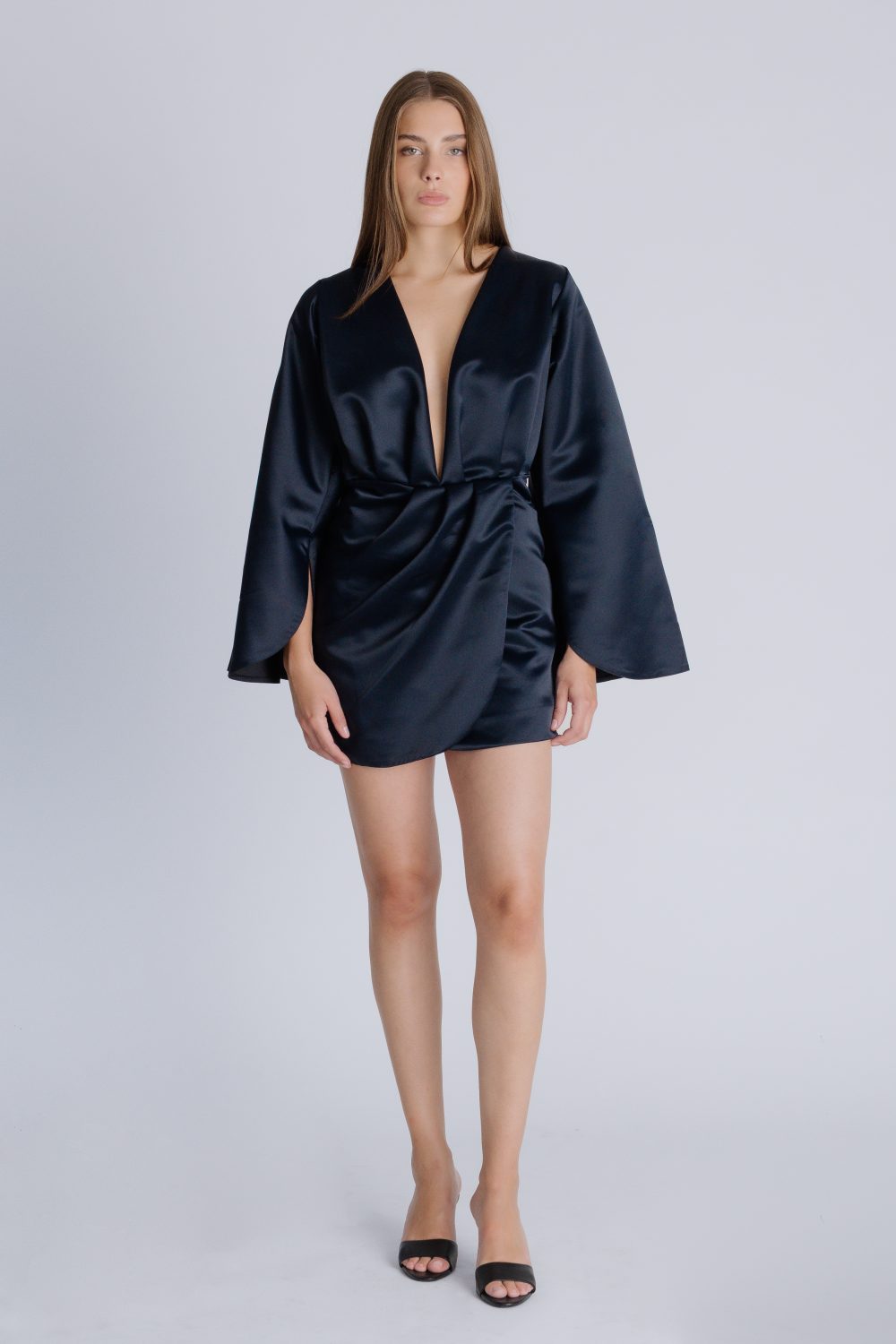 Satin overlapped loose sleve dress in black